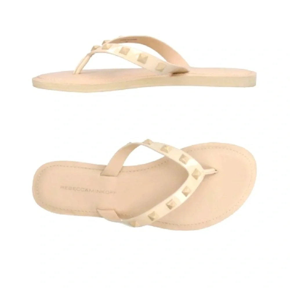REBECCA MINKOFF Fiona Leather Nude Studded Flip Flops Thong Sandals Tan Shoes